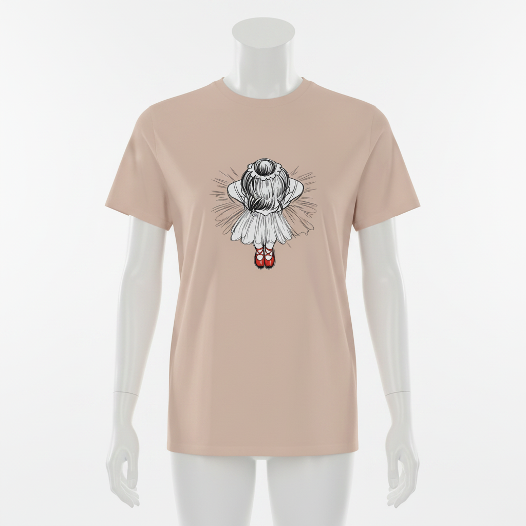 Röda dansskor t-shirt med ballerina illustration i mjuka färger på mannekäng.