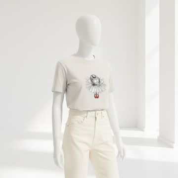Röda dansskor – ekologisk t-shirt med ballerina och röda skor i stiliga mjuka färger.