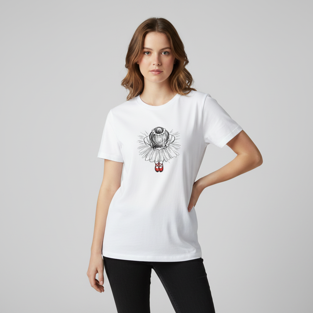 Röda dansskor – t-shirt med ballerinaillustration i mjuka färger, skapad av ekologisk bomull.