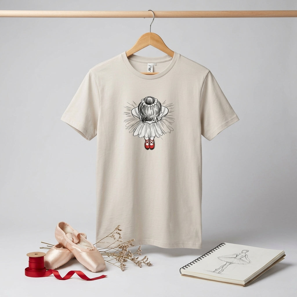 Röda dansskor – ekologisk t-shirt med illustration av ballerina i röda skor och tutu.