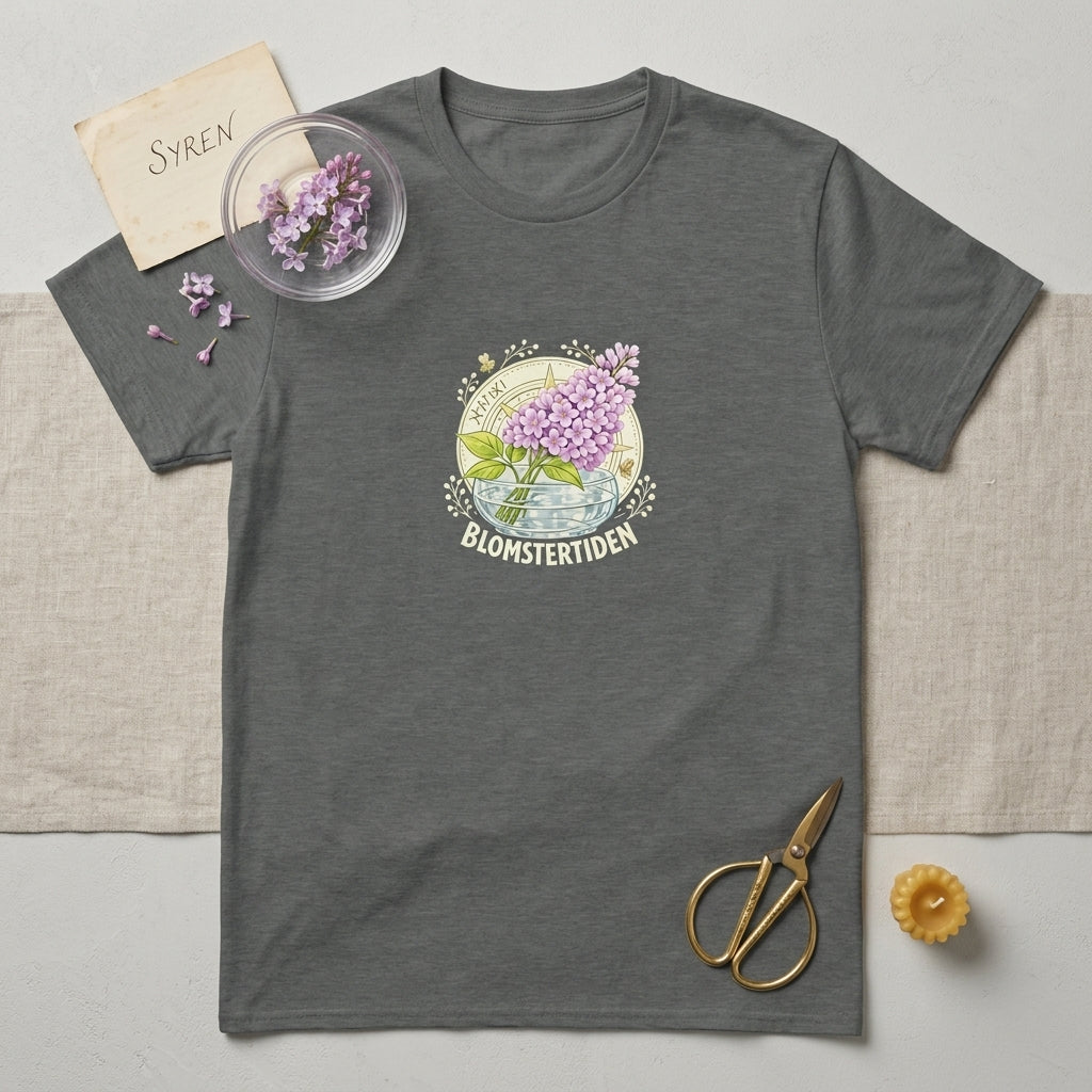 Floral T-Shirt med Syrenmotiv - Blomstertiden, mjuk t-shirt med blommigt mönster i syrenlila och dämpade färger.