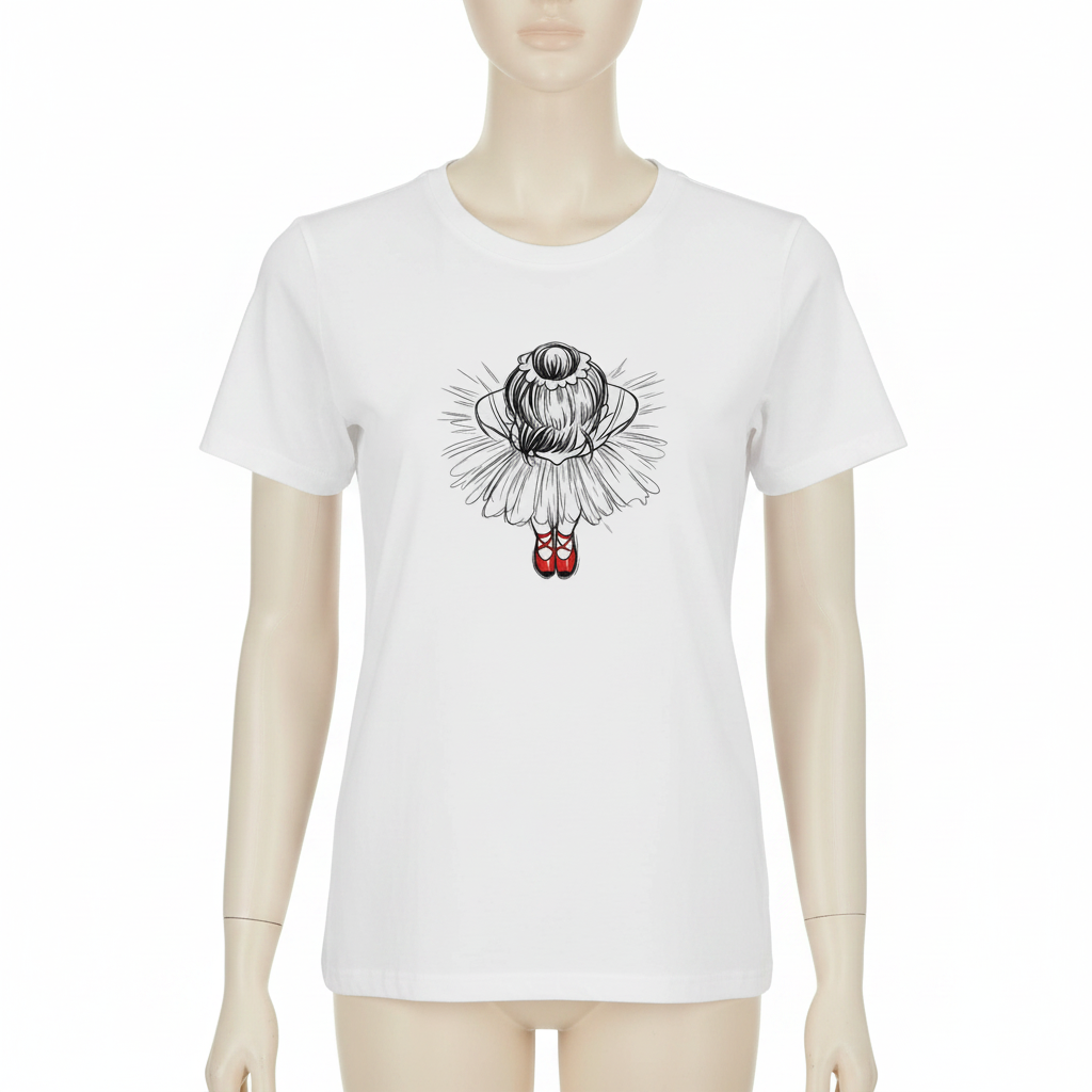 Röda dansskor illustration på ekologisk t-shirt med ballerina i vit färg
