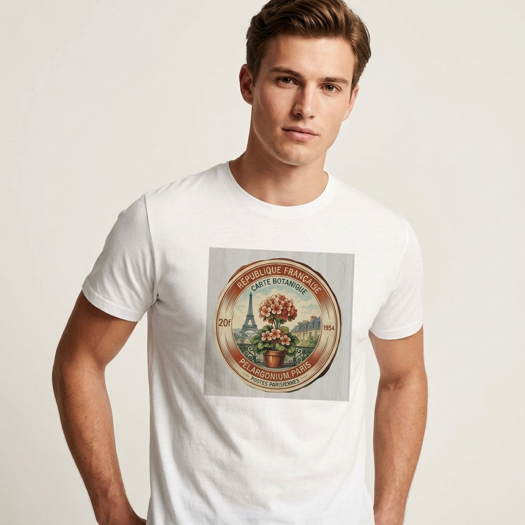 Vintage Paris Floral Sigil på organisk unisex t-shirt med botaniskt motiv och Paris-silhuett.