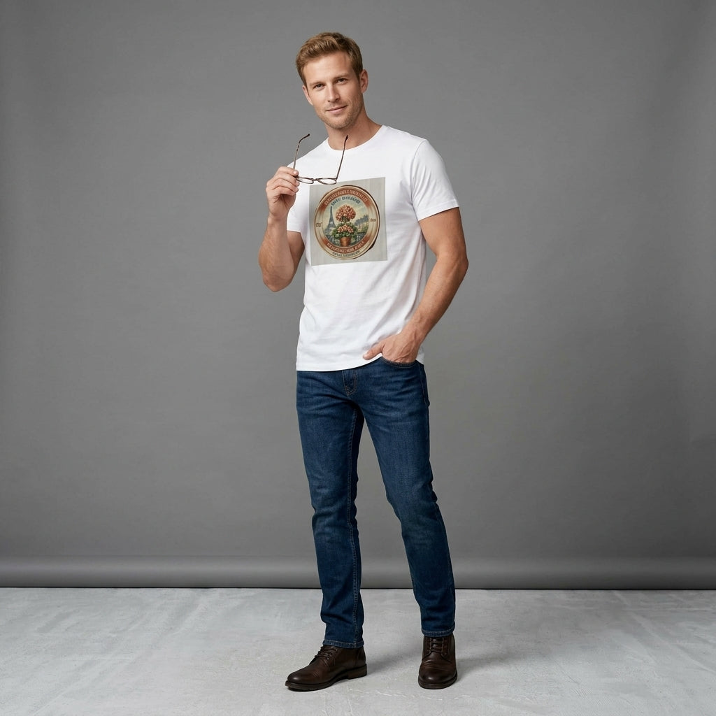 Man wearing Vintage Paris Floral Sigil unisex t-shirt with graphic design, accessorized with glasses.