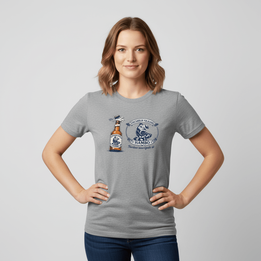 Nordic Folk Art Hambo Folköl Humor Tee i grått med illustration av ölflaska och svensk design.