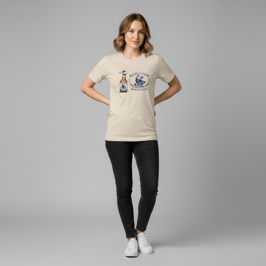 Nordic Folk Art - Hambo Folköl humor tee i ljus färg på kvinna som poserar.