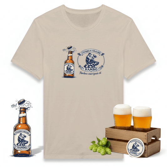 Nordic Folk Art T-shirt design featuring Hambo Folköl humor and Swedish culture with beer and hops.