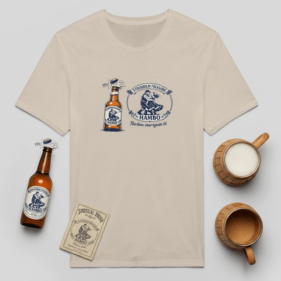 Nordic Folk Art Hambo Folköl Humor Tee med illustration av ölflaska och fika, designad i svensk stil.