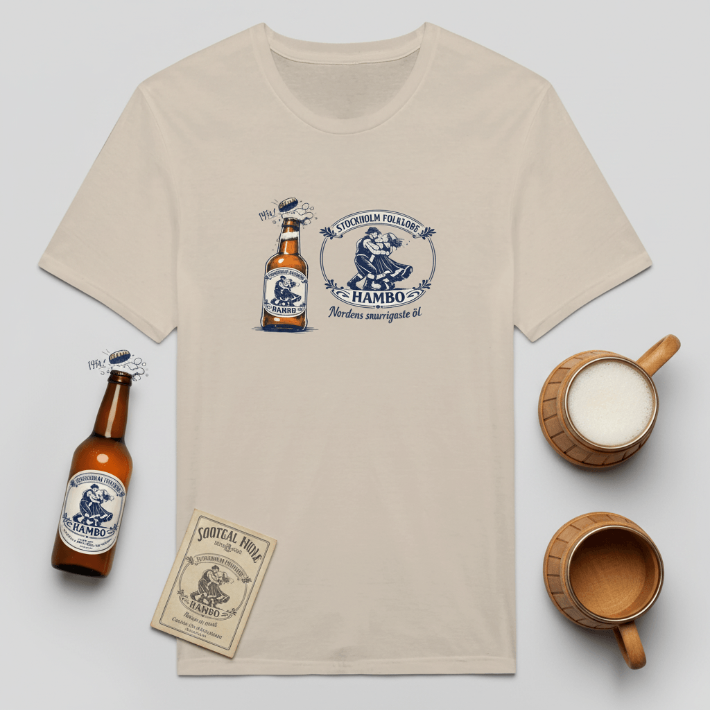 Nordic Folk Art Hambo Folköl Humor Tee med illustration av ölflaska och fika, designad i svensk stil.