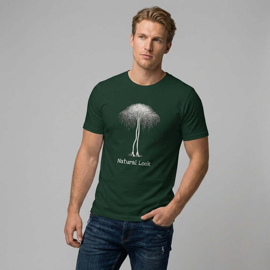 Birch Trees in Heels surrealism art tee, featuring a Natural Look design, available in dark green.