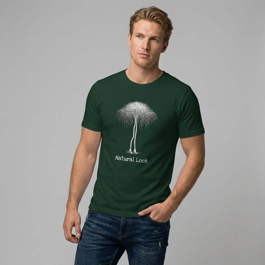 Birch Trees in Heels surrealism art tee, featuring a Natural Look design, available in dark green.
