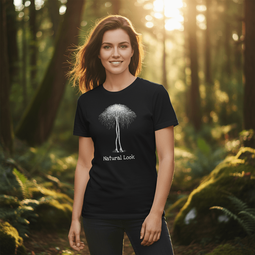 Surrealism Art Tee med björkar i klackar, unik konstnärlig stil i nordisk naturmiljö.
