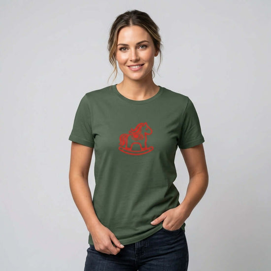Dalarna red rocking horse print on green unisex t-shirt designed with Scandinavian simplicity.