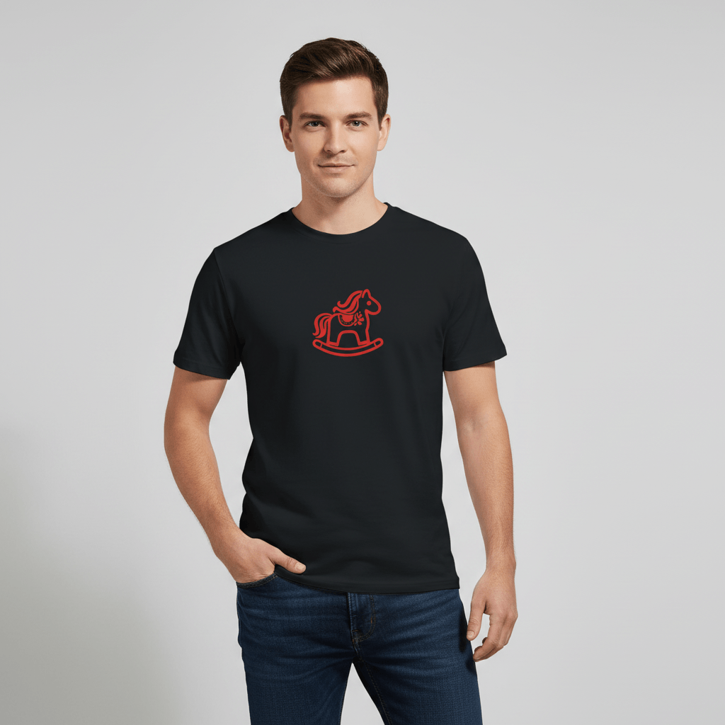 Dalarna Red Rocking Horse T‑Shirt | Swedish Design Classic modeled by a man in a black t-shirt with a red rocking horse print.