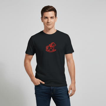 Dalarna Red Rocking Horse T‑Shirt | Swedish Design Classic modeled by a man in a black t-shirt with a red rocking horse print.