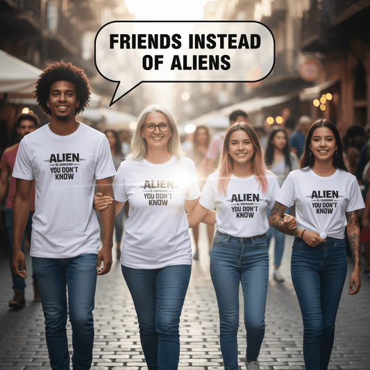 Fyra personer i t‑shirts med texten ALIEN, som står tillsammans på en livlig gata.