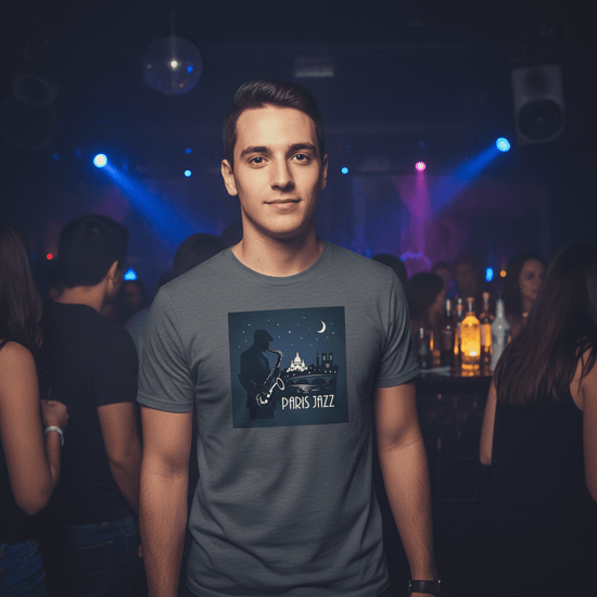 Jazz Club Tee worn by a young man in a vibrant nightlife setting with a Paris Jazz graphic design.
