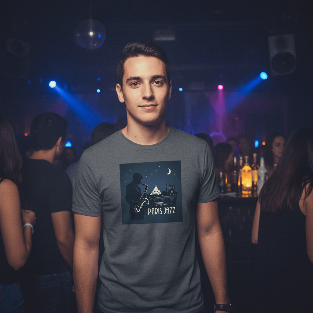 Jazz Club Tee worn by a young man in a vibrant nightlife setting with a Paris Jazz graphic design.