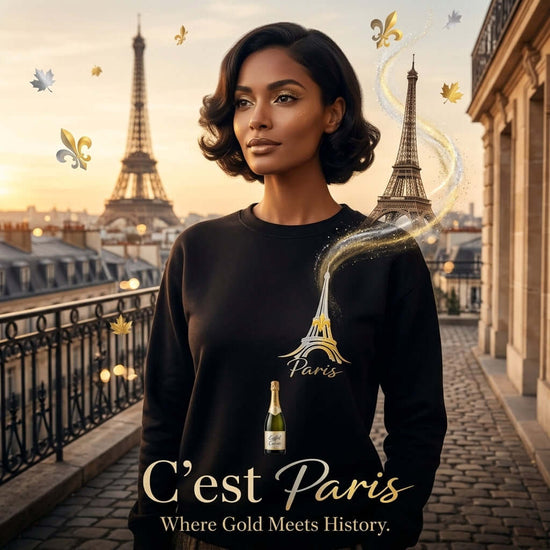 Modern Paris Minimal Graphics Sweatshirt featuring Eiffel Tower design and stylish model in front of Parisian skyline.