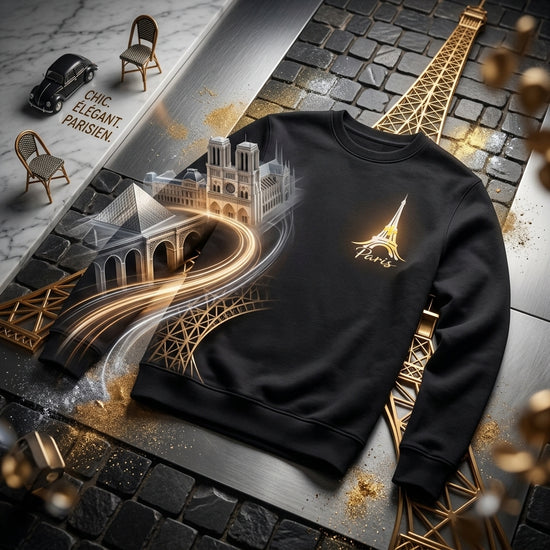 Modern Paris Minimal Graphics Sweatshirt with Eiffel Tower design on a stylish backdrop.
