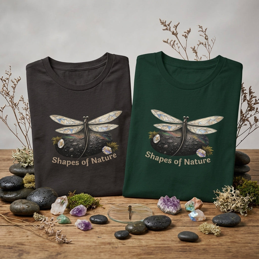 Två premium t-shirtar med trollsländemotiv och texten "Shapes of Nature", omgivna av stenar och naturmaterial.