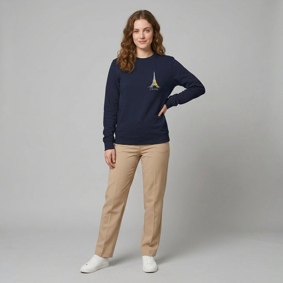 Modern Paris Minimal Graphics Sweatshirt with Eiffel Tower design, worn by a model, eco-friendly pullover.