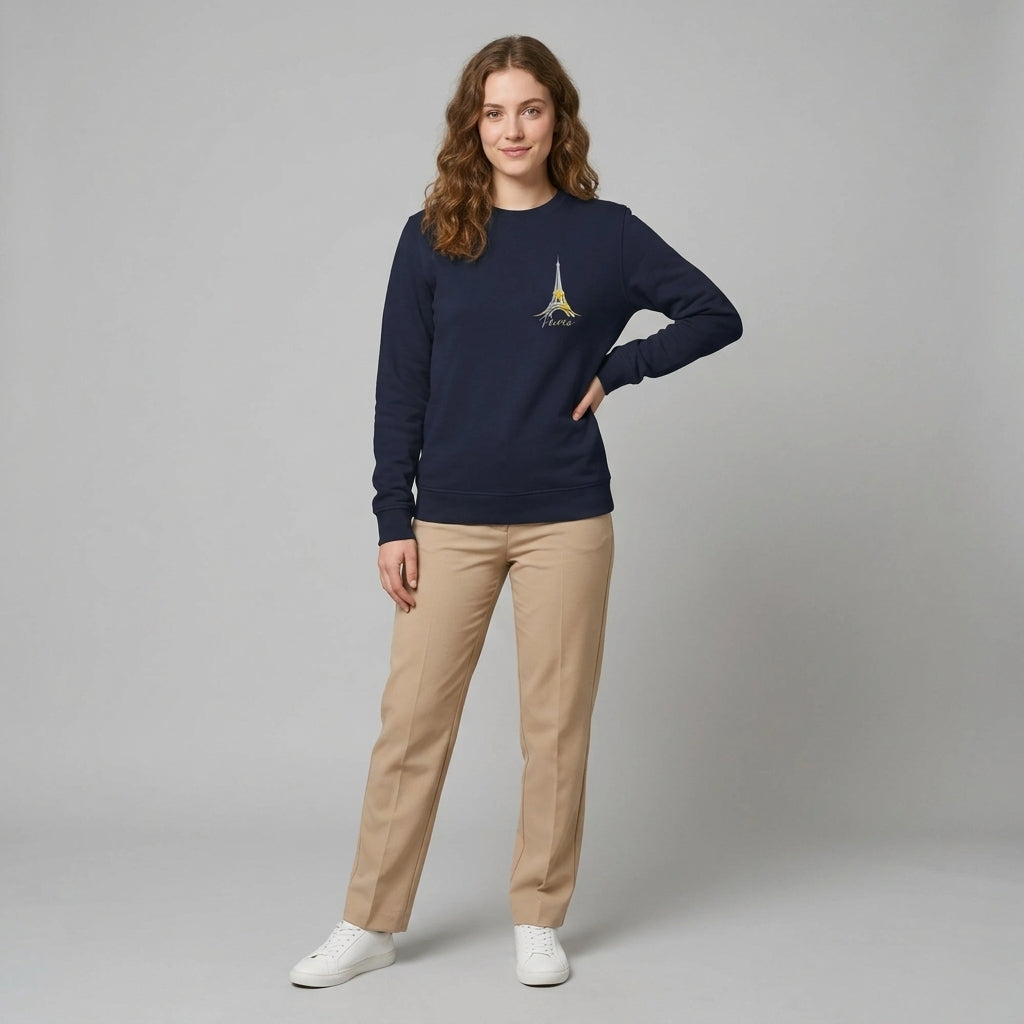 Modern Paris Minimal Graphics Sweatshirt with Eiffel Tower design, worn by a model, eco-friendly pullover.