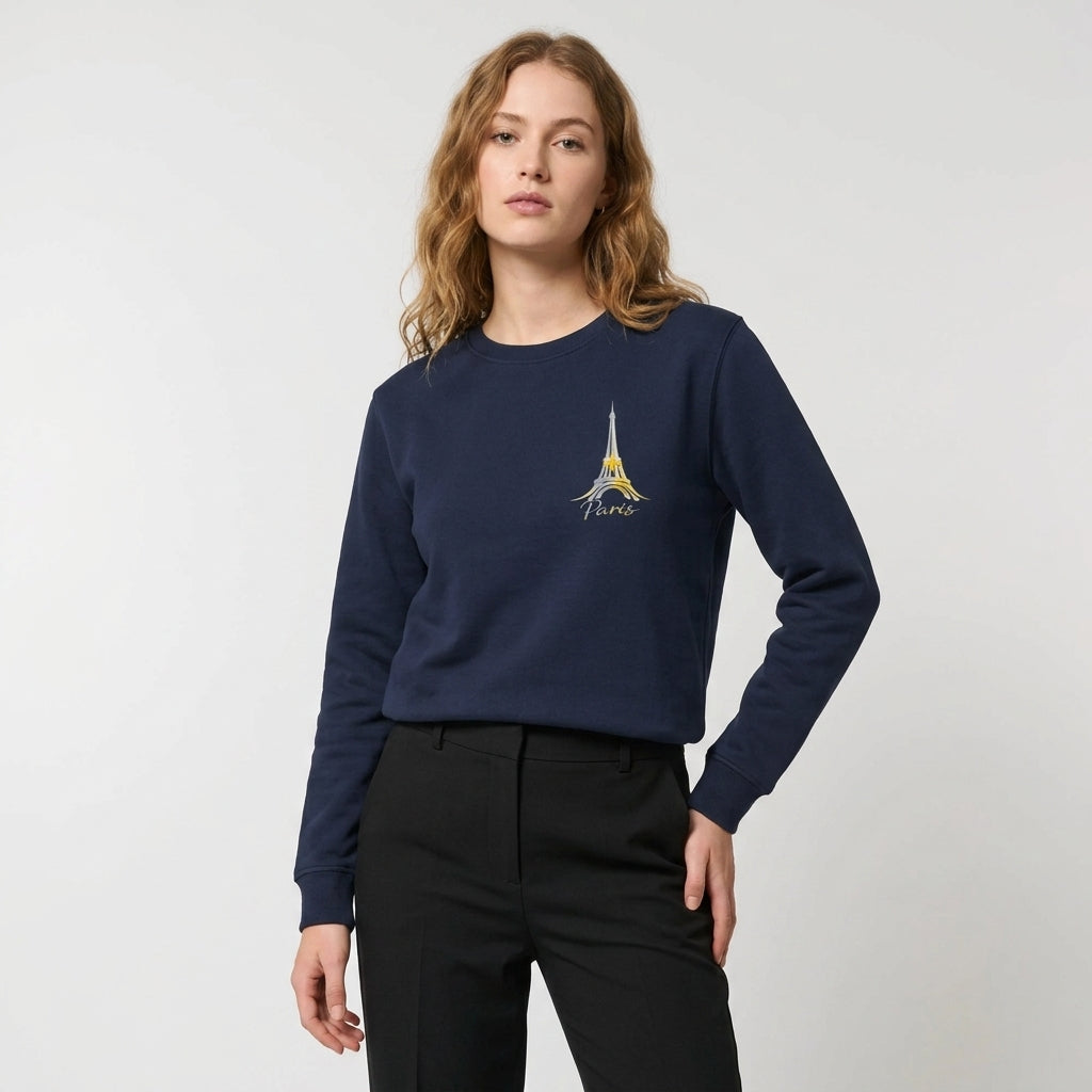 Modern Paris Minimal Graphics Sweatshirt featuring Eiffel Tower graphic on navy pullover, sustainable and stylish.