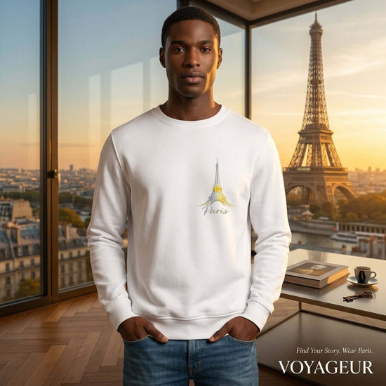 Modern Paris Minimal Graphics Sweatshirt worn by a model with Eiffel Tower view in background.