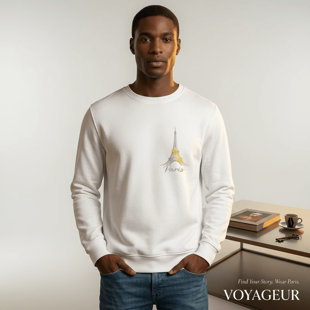 Modern Paris Minimal Graphics Sweatshirt worn by a model, featuring an Eiffel Tower graphic, stylish and eco-friendly design.