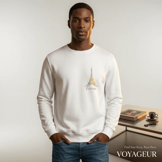 Modern Paris Minimal Graphics Sweatshirt worn by a model, featuring an Eiffel Tower graphic, stylish and eco-friendly design.