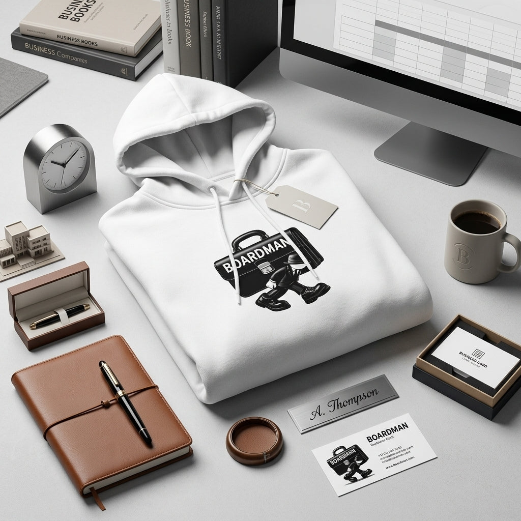 Boardman Heavyweight Statement Hoodie displayed on a desk with professional items, perfect as a gift for professionals.