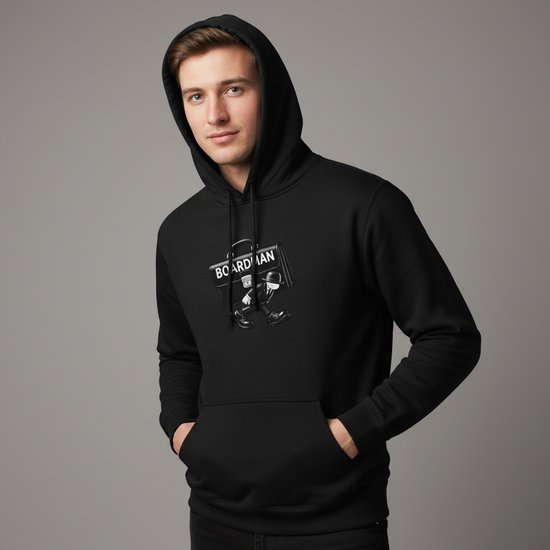 Man wearing Boardman Heavyweight Hoodie, ideal professional gift with stylish graphic humor.
