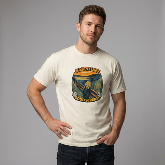 Man wearing Bad Story Good Scream T‑Shirt featuring Scream Graphic Art Tee design.
