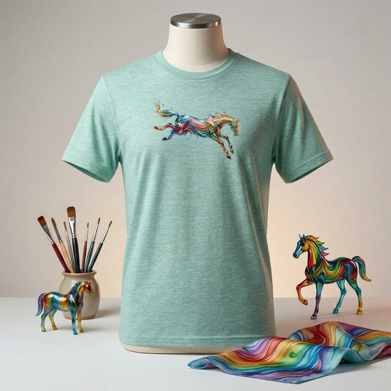 Färgglad Flödande Häst T-Shirt – Premium Artistic Unisex Tee med färgstark hästdesign på en mannekäng.
