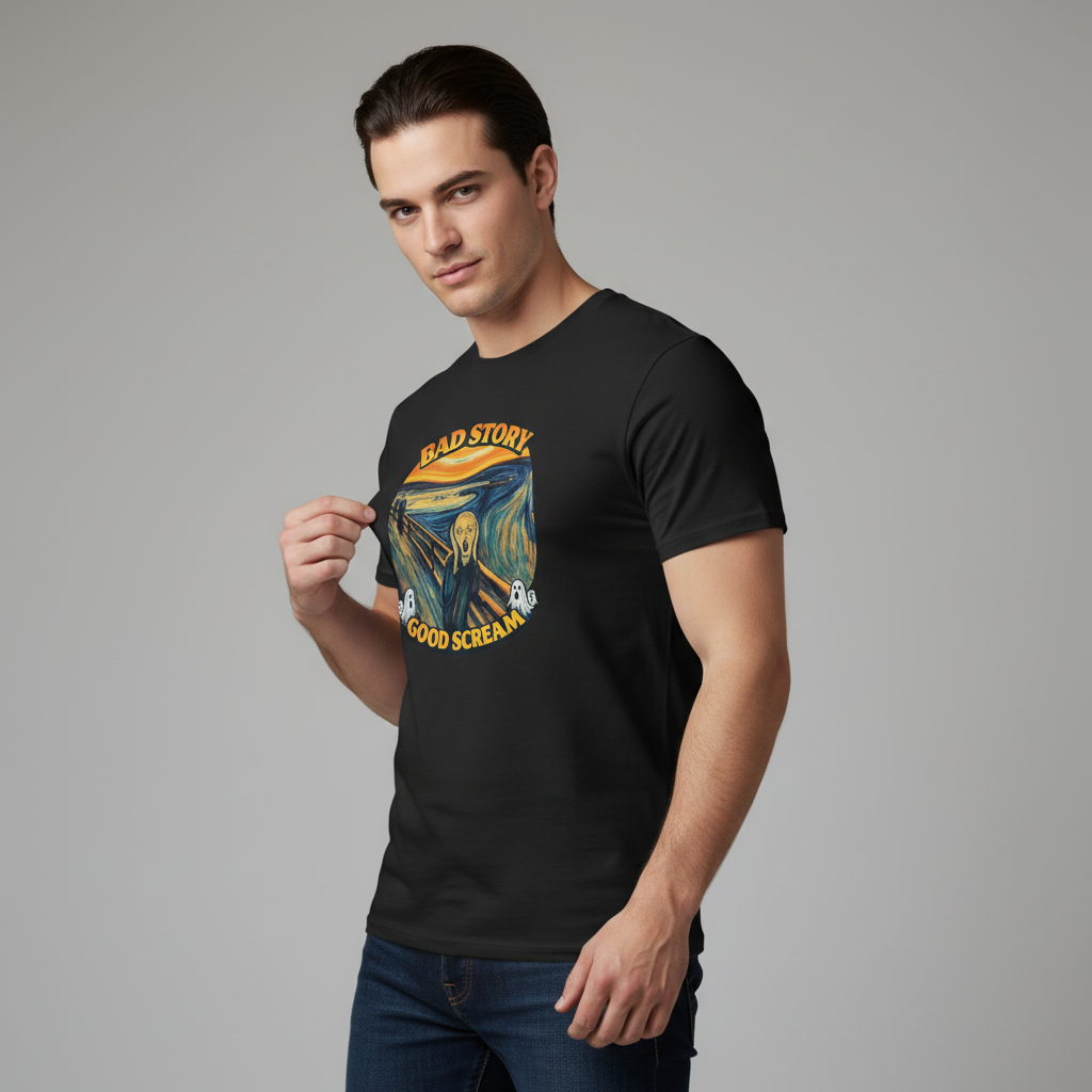 Man i svart t-shirt med grafik som visar 'Bad Story Good Scream', Scream Graphic Art Tee.