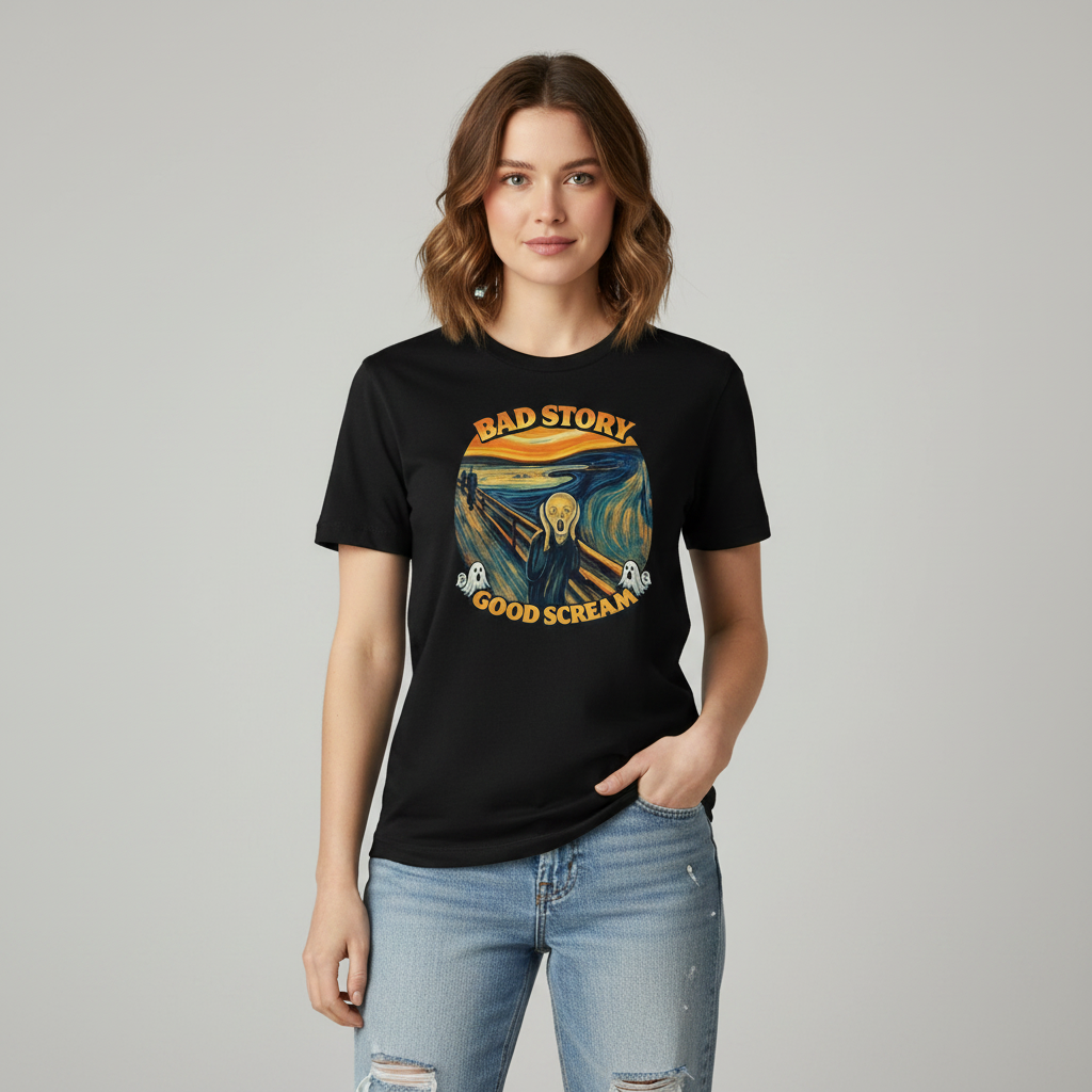 Bad Story Good Scream T‑Shirt – Scream Graphic Art Tee med konstnärlig design och uttrycksfullt motiv.