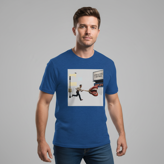 Leashed Voice T-shirt with bright blue color featuring a runaway microphone and vibrant graphic design.
