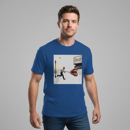Leashed Voice T-shirt with bright blue color featuring a runaway microphone and vibrant graphic design.