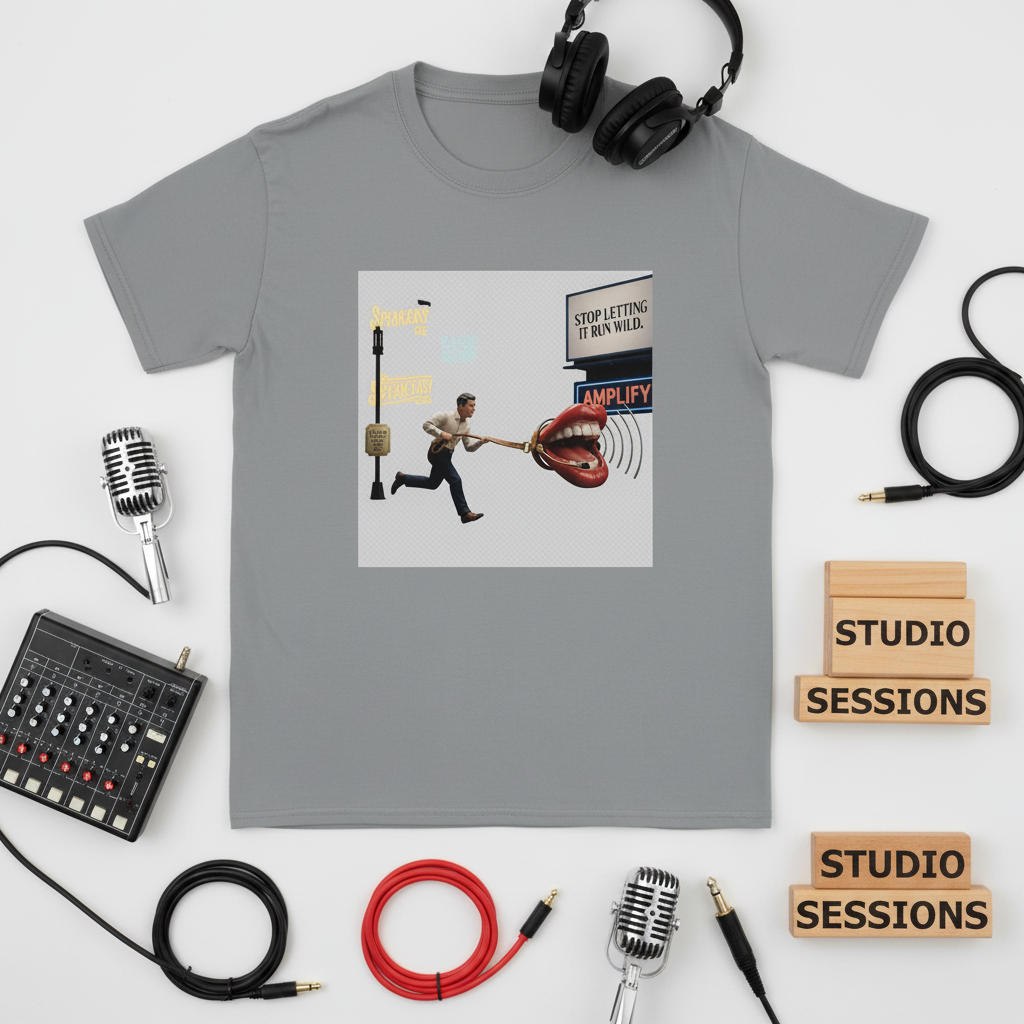 Leashed Voice – The Runaway Microphone Tee design with vibrant graphics and music studio elements.