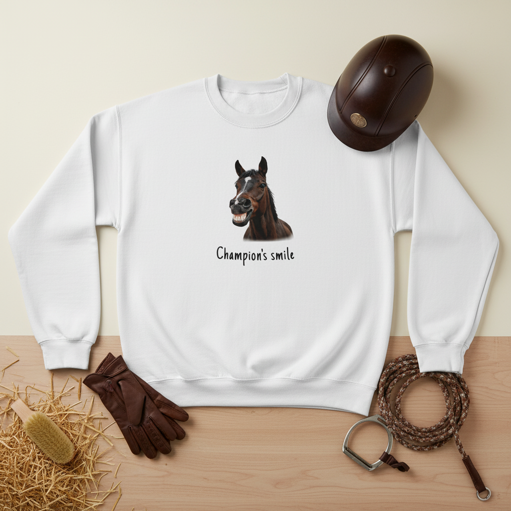 Champion’s Smile – Funny Horse Crewneck Sweatshirt featuring a smiling horse design.