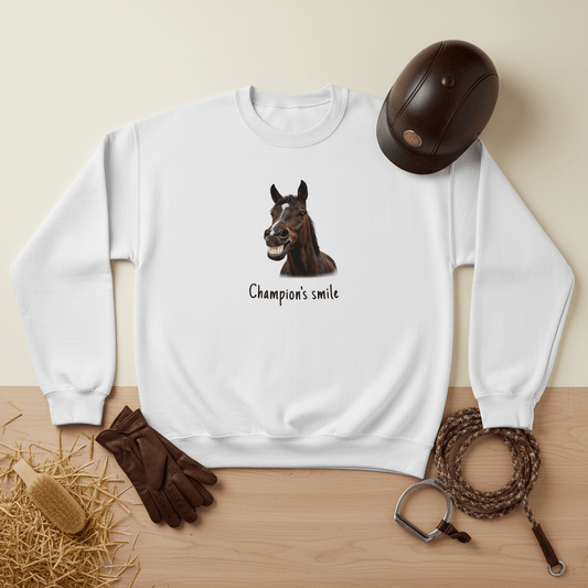 Champion’s Smile – Funny Horse Crewneck Sweatshirt featuring a smiling horse design.