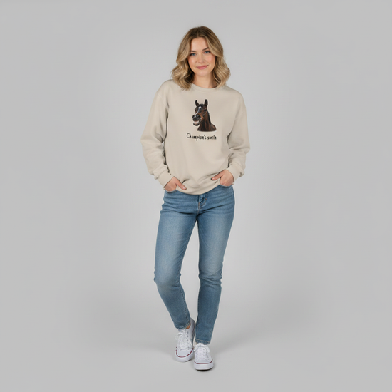 Champion’s Smile – Funny Horse Crewneck Sweatshirt worn by a woman, showcasing a smiling horse design on a cream background.