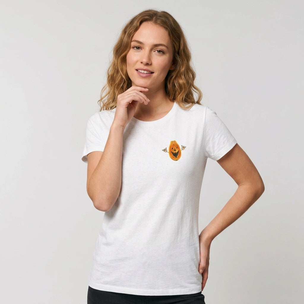 Sustainable Papaya Icon Crew Neck T-Shirt – Eco-Friendly Recycled Cotton Tee, vit t-shirt med papaya-tryck på bröstet.