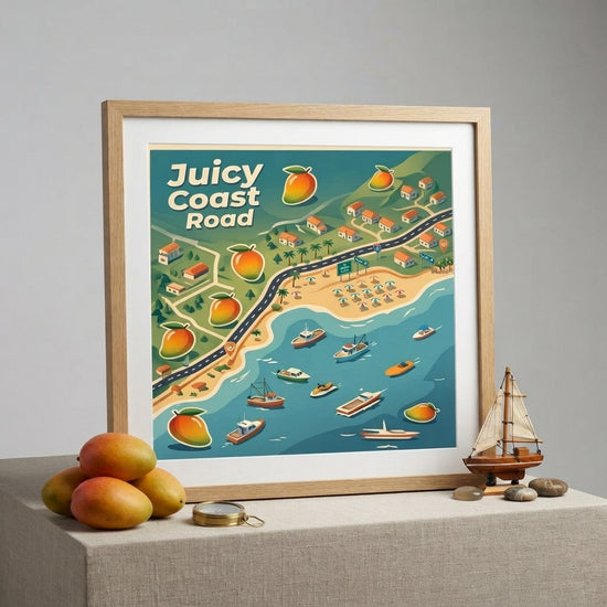 Coastroad – The Juicy Coast Harbour Fine Art Poster i en ram med färgstarka kustscener och båtar.