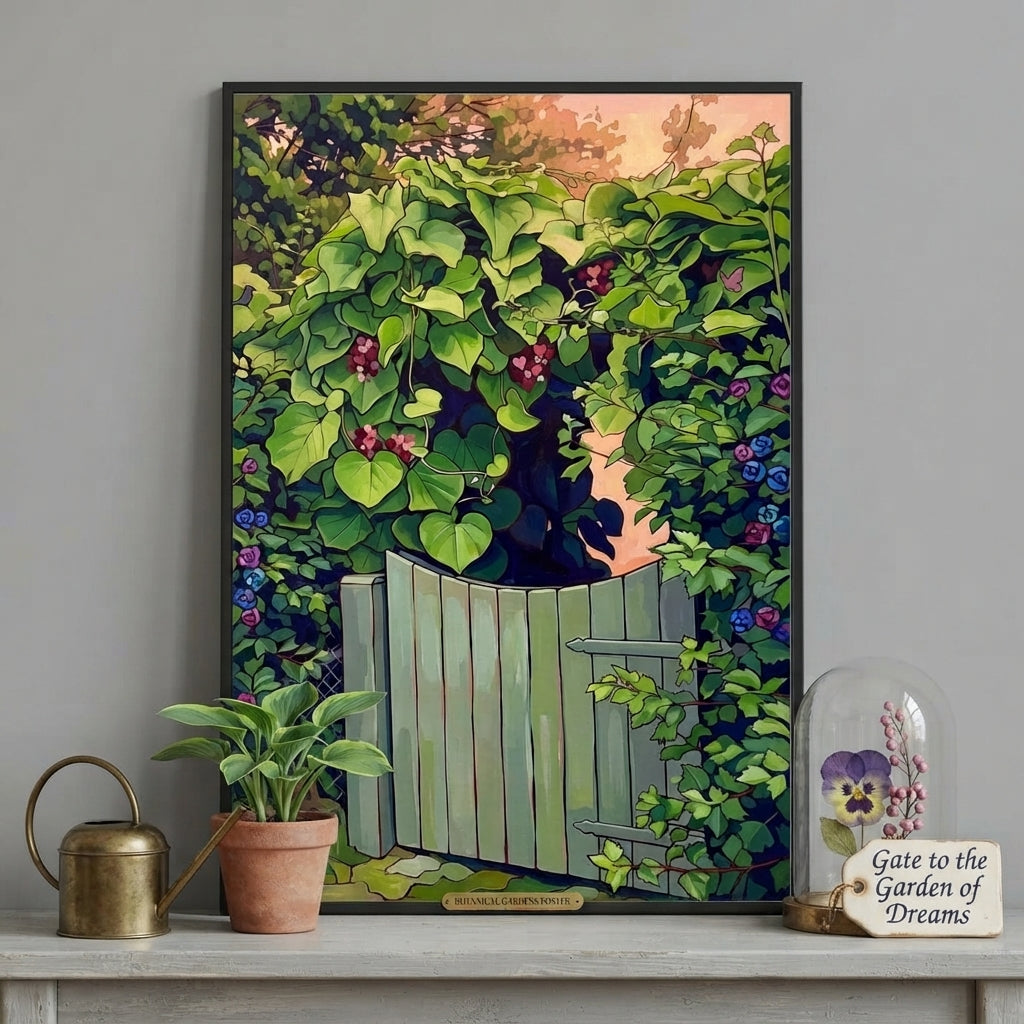 Whimsical Garden canvas art featuring a lush green gate surrounded by vibrant flowers and plants.