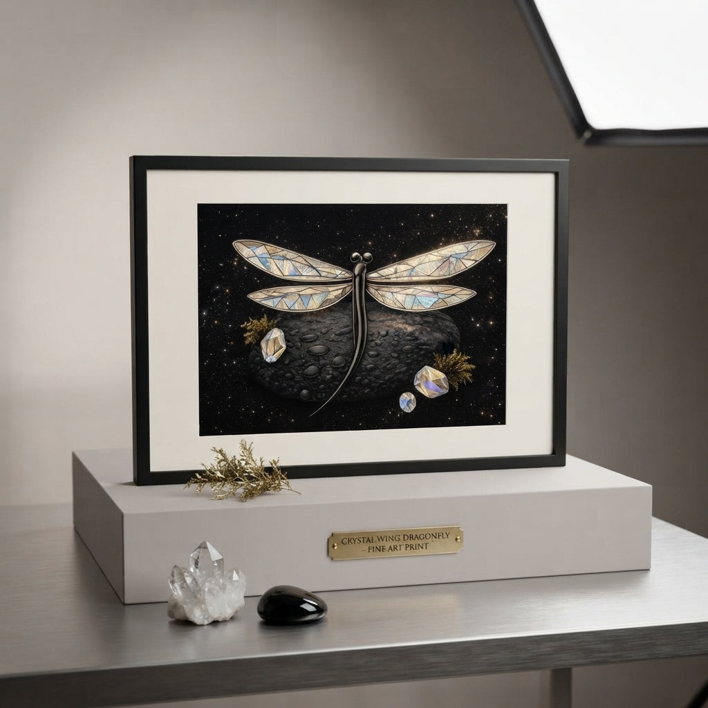 Crystal Wing Dragonfly - Moonlit Glow Art Poster in elegant frame on display with crystals.
