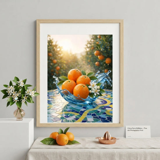 Orange Grove – elegant fine art photographie av apelsiner i en glasskål på ett mosaikbord.