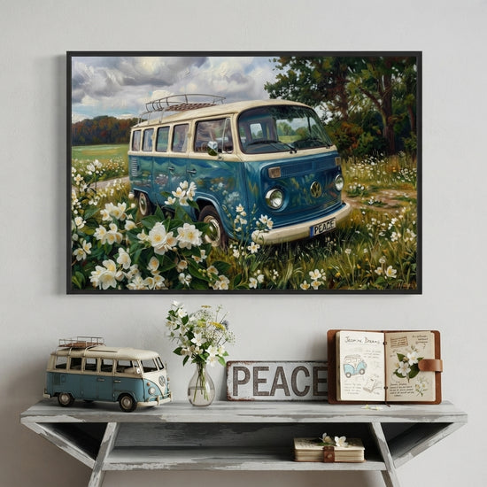 Flowering Jasmine poster featuring a VW hippie van in a field of flowers with peace symbols and a serene vibe.