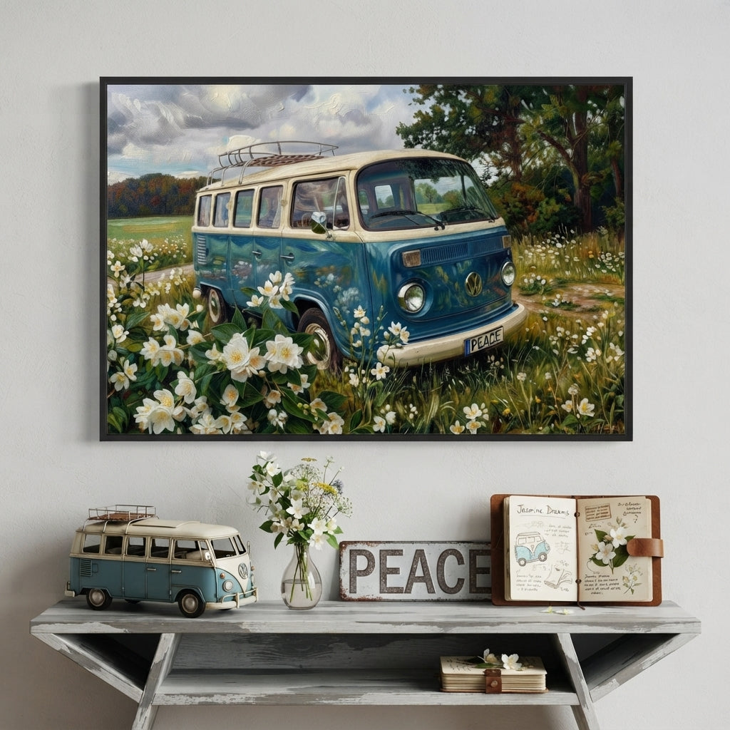 Flowering Jasmine poster featuring a VW hippie van in a field of flowers with peace symbols and a serene vibe.